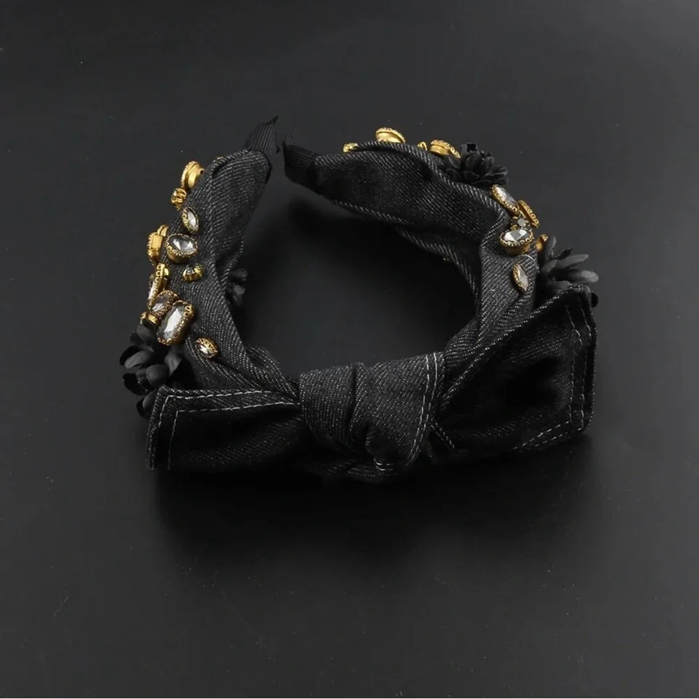 New! The “Baroque Cowboy” Rustic Denim And Rhinestone Bow Headband